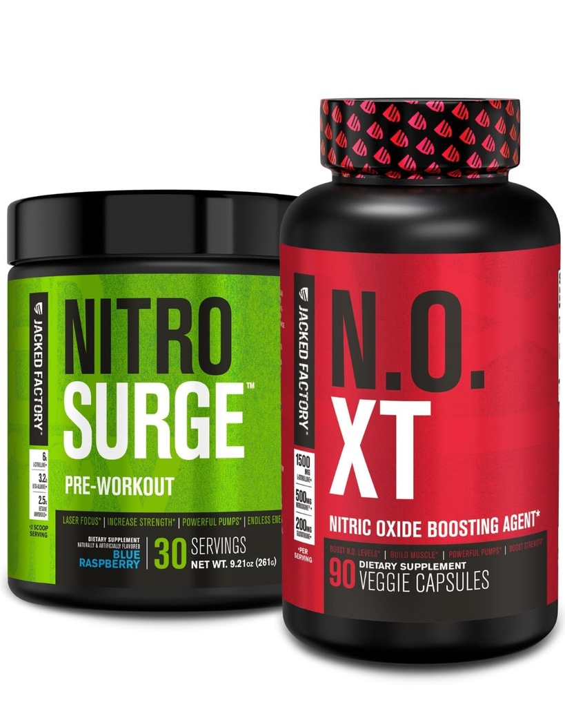 Fabrica Jacked Nitrosurge Pre-workout în zmeură albastră și N.O. XT oxid de azot Booster pentru bărbați și femei