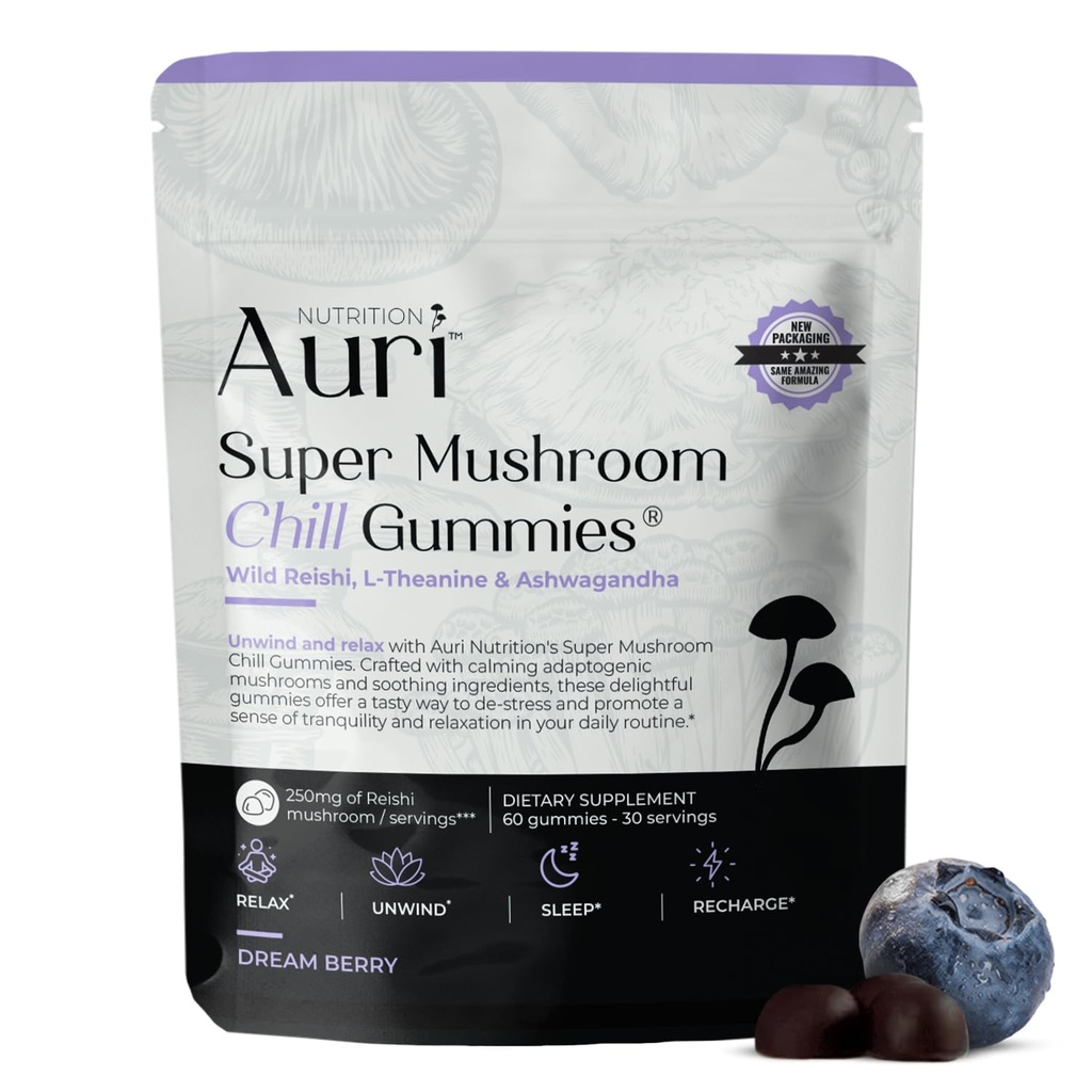 Auri Super ciuperci chill Gummies - Natural Calmant Ajutor & Stres Reducere Supliment pentru adulți w/Reishi Mushroom, Ashwagandha, L-Theanin - Deswind Minte & Armonizare Ziua ta - 60 de gume calme