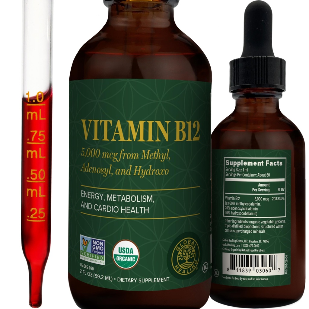 Vindecarea globală - Vitamina organică B12 5000 MCG Lichid sublingual - Methylcobalamină, Hidroxo Blend & More - Picături metilate pentru adulți - Vegan, Non-GMO, VIT B12, Supliment de vitamine (2 Oz)