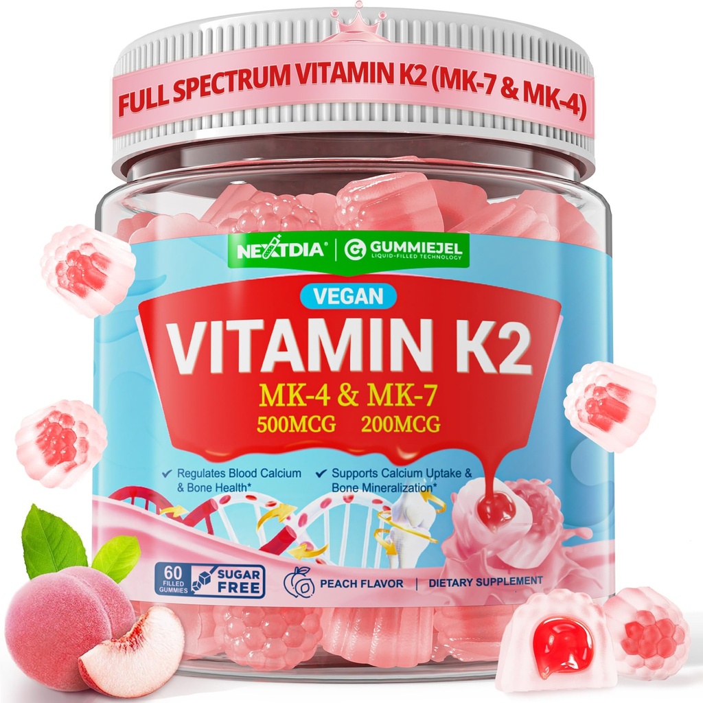 Vitamina K2 Gummies MK-7 200 mcg & MK-4 500 mcg pentru femei și bărbați Zahăr gratuit, perfect 2-IN-1 Spectrum complet Vitamina K2 Supliment pentru oase, El-art, Promovează Absorbția de calciu, creier, dinți, imun,1Pack