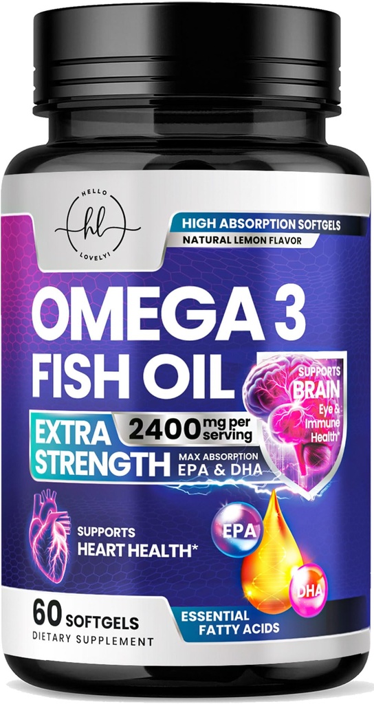 Omega 3 Suplimente de ulei de pește 2400mg - Triple Putere Omega 3 Acidi grasi, Natural Heart Health Brain & Suport comun - Acidi grasi cu EPA & DHA - Wild Caught Fish Supliment ulei - 60 Softgels