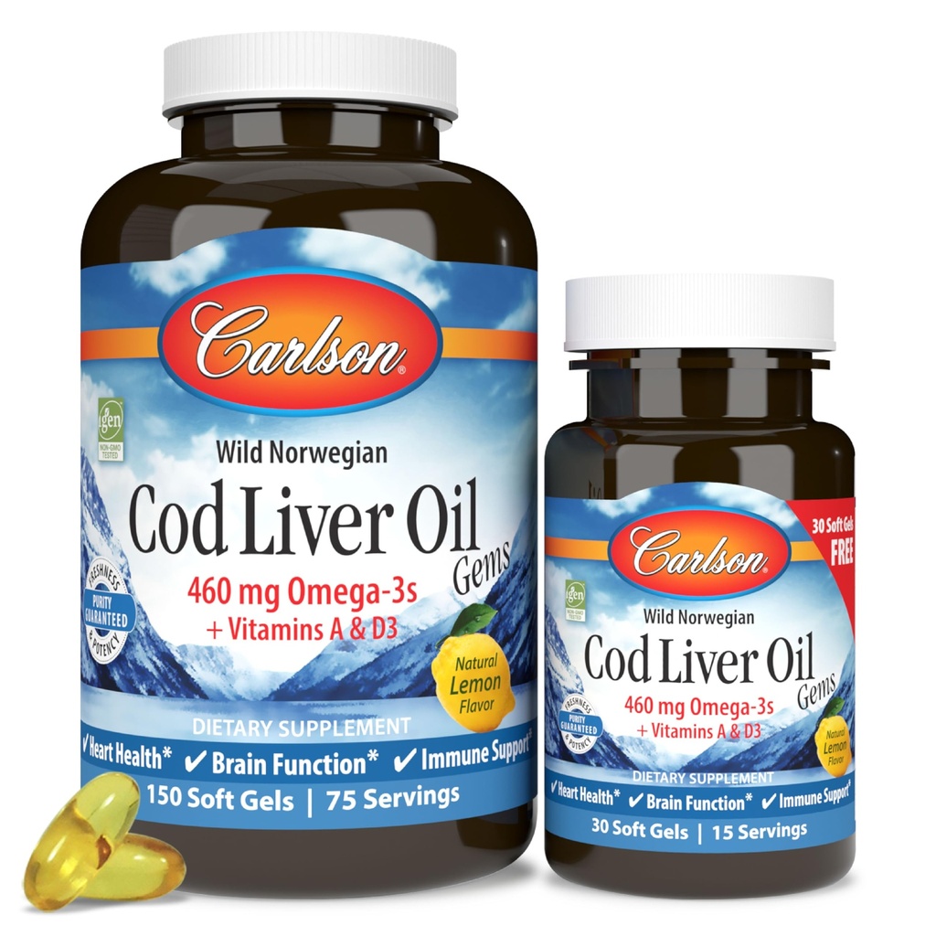 Carlson - Cod Oil Oil Gems, 460 mg Omega-3s, Plus Vitaminele A și D3, Cod Arctic norvegian capturat, Capsule nordice de ulei de pește, Lemon 150 + 30 Softgels