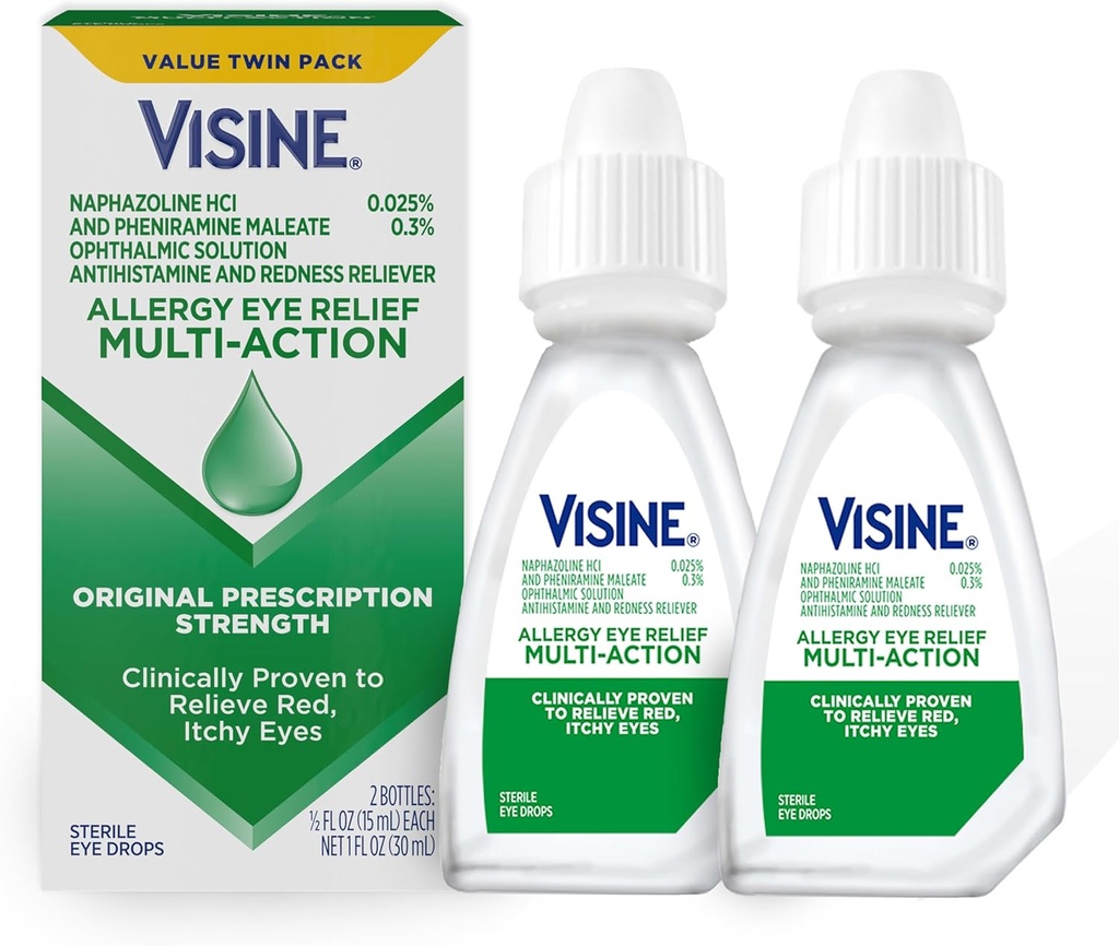 Visine Alergie Eye Relief Multi- Action Antihistamin & Redness Relieiver picături oftalmice cu Pheniramină Maleat & Nefazolină HCl, Picătură oculară Tratamentul pentru roșu, mâncărime, alergie ochi, 0,5 fl. oz, 2 Pack