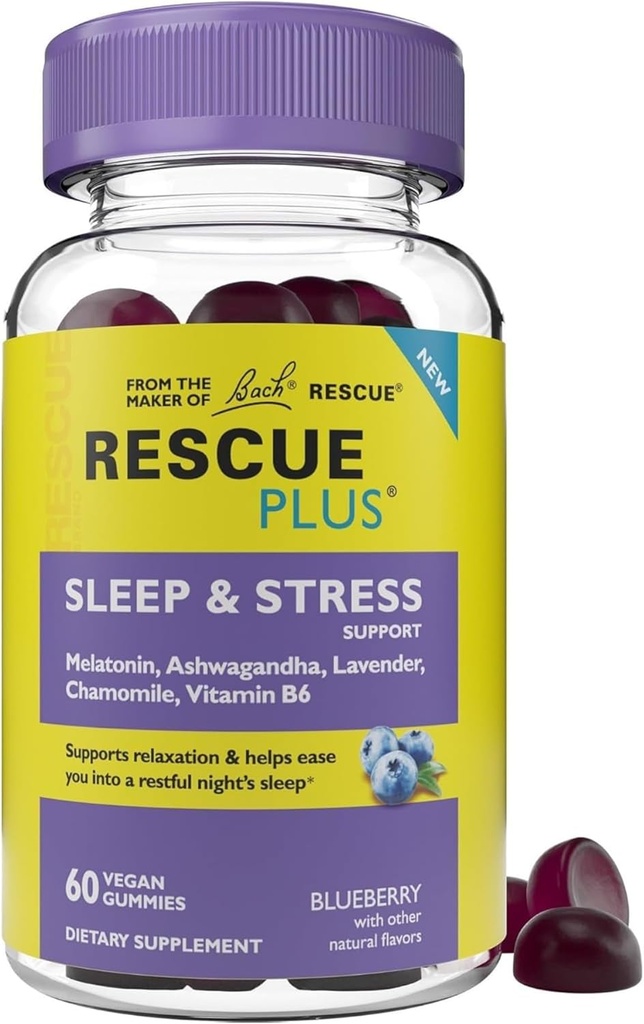 Bach RescUE PLUS Sleep & Stress Support Gummies, Nighttime Dietary Supplement with 1mg Melatonin, Ashwagandha, Chamomile, Lavender & Vitamin B6, Natural Blueberry Flavor, Vegan & Gluten-Free, 60 Count