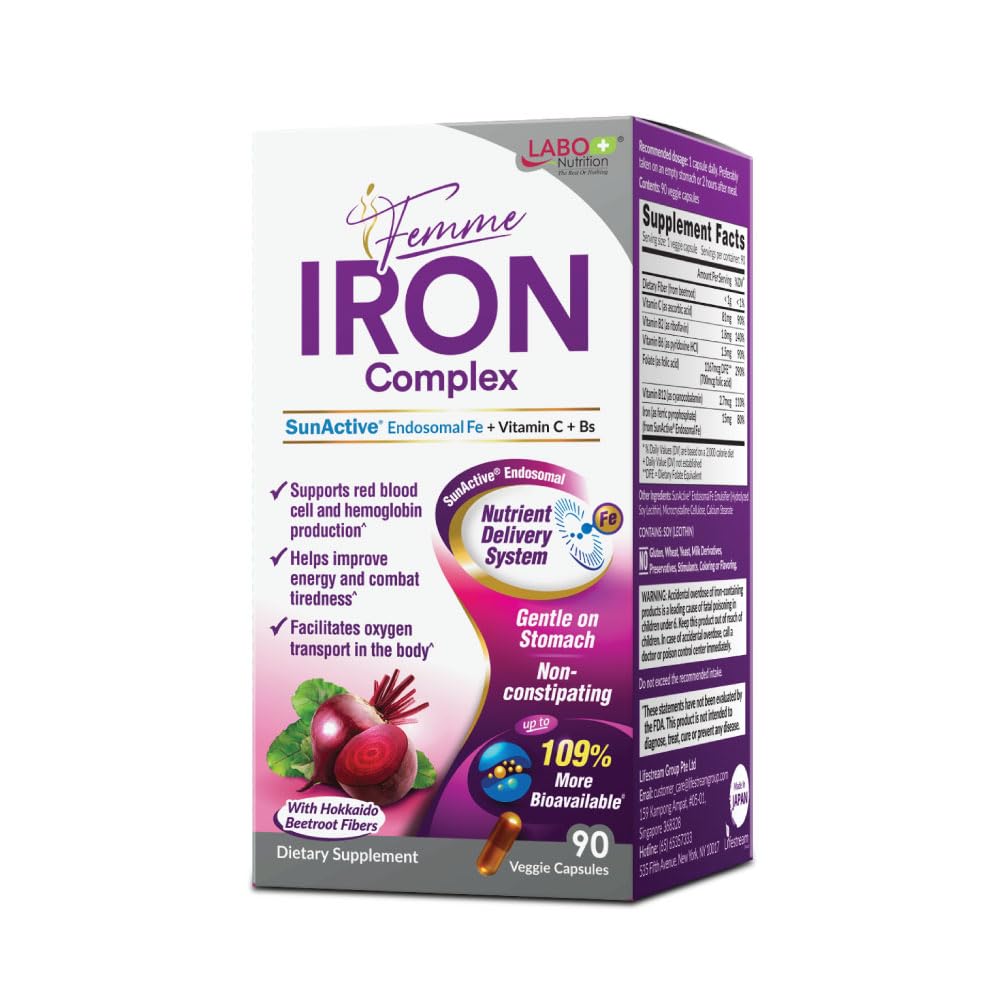 Labo Nutrition Femme Iron Endosomal SunActive, non-iritant 15mg Supliment de fier pentru Blood Builder, Vegan, blând, fără gust metalic, non constipat, ideal pentru stomac sensibil, 90 Conte