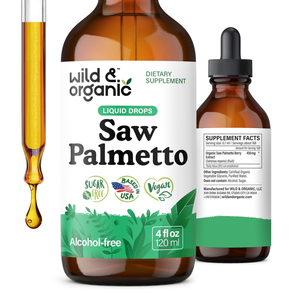 Fierăstrău sălbatic și organic Palmetto Tincture - Saw Palmetto Extract Supliment pentru bărbați și femei - praf lichid pe bază de picături - Serenova Repens Berries - Vegan, Zahăr și alcool-Free - 4 fl oz