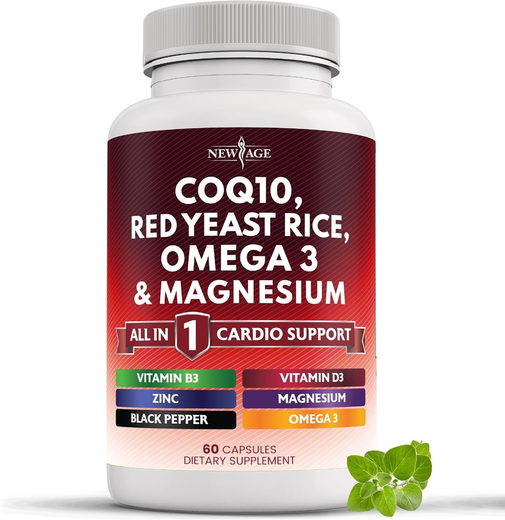 NEW AGE COQ10 200mg Red Yeast Rice, Omega 3, Complex de magneziu, Zinc Vitamina K2 D3 - Heart Support Vitamine pentru femei și bărbați cu vitamina B3, Coenzima Q10-60 Count