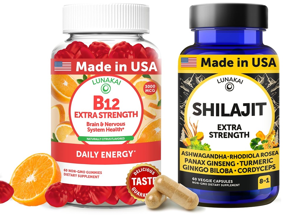 Lunakai Statele Unite ale Americii Made B12 Gummies & Capsulele Shilajit Bundle 