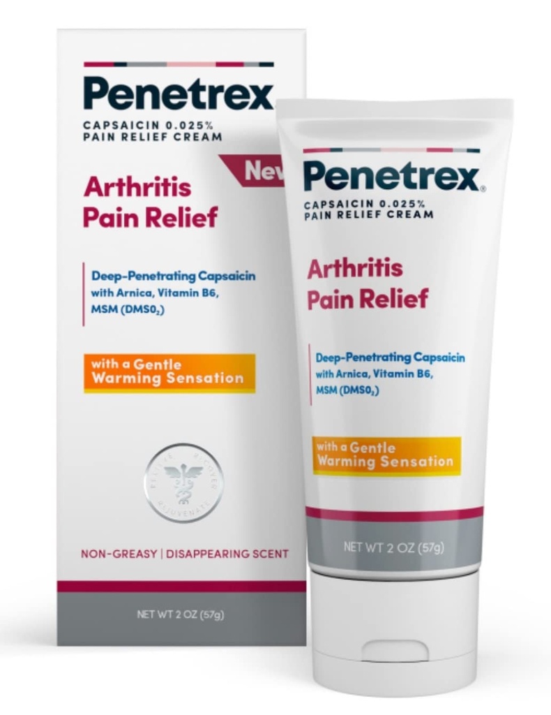 Penetrex Warming Pain Relief Cream - Capsaicină penetrantă profundă cu Arnica, vitamina B6 & MSM (DMSO2) - Aplicați la mâini, încheieturi, picioare, genunchi, coate și alte zone afectate, 2 oz