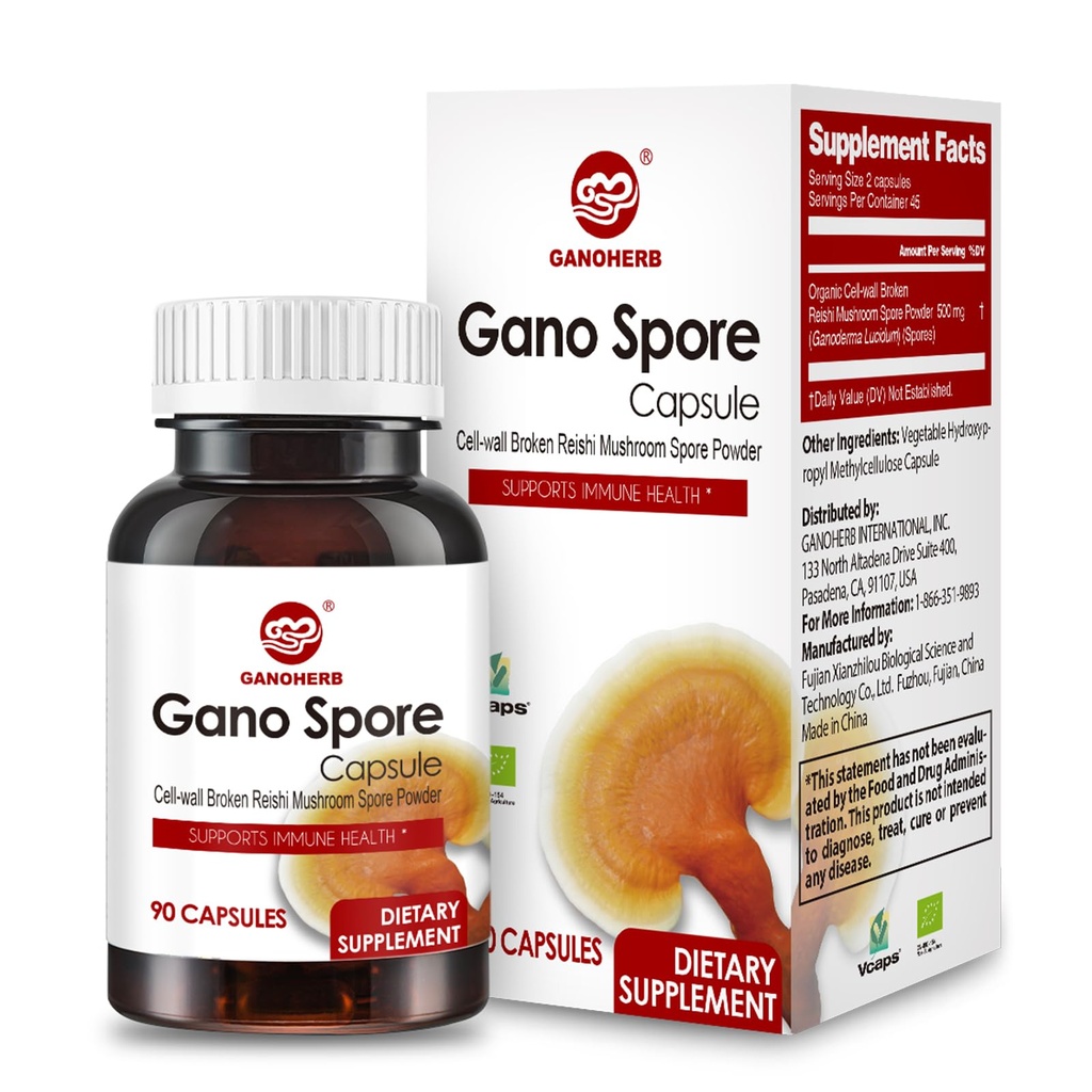 Capsule organice Reishi Mushroom cu 100% Ganoderma Lucidum Reishi Spore Pulbere pentru Boost Immune System, Vegan, Toate Naturale, Non-GMO & Gluten Free, 60 Capsule Veggie