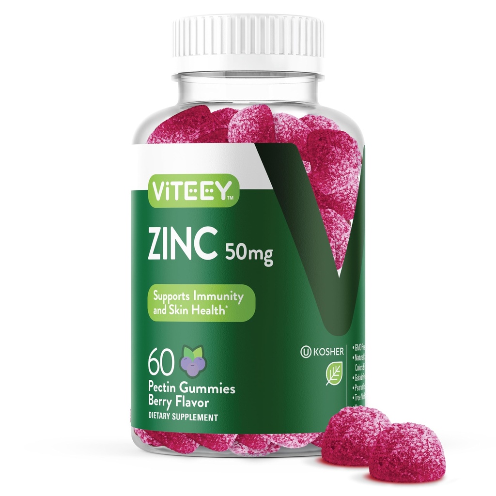 Gume de zinc VITEEY pentru bărbaţi şi femei - Suplimente de zinc 50mg - Immune Boost & Skin Health - Vegan, Gluten gratuit - 60 Conte