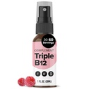 Complement Vegan Vitamina Triple B12 Lichid Spray- 1500 mcg Blend (60 Servings) Raspberry Aroma- imbunatatit absorbtie, energie, Mood, Sistem nervos, Functia cognitiva pentru copii si adulti