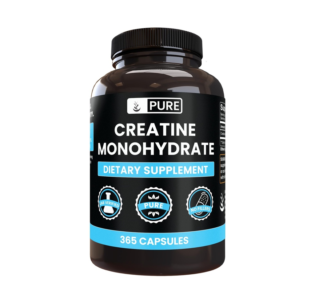 INGREDIENTE ORIGINALE Pure Creatină Monohidrat (365 capsule) Fără magneziu sau fillere de orez, întotdeauna pure, verificate de laborator