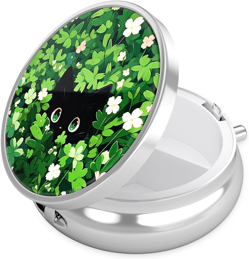 Nipichsha Pill Box, mini caz Pilula pentru Purse & Pocket, Cute Travel Medicine Organizator, Portable Medicine Container Holder to Hold Vitamins, Medicamente, Fish Oil & Supplement, Green Leave Cat