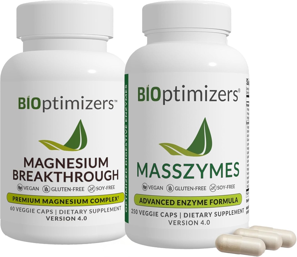 BiOptimizants Magneziu Breakthrough 4.0, (60 capsule) & MassZymes 4.0, (250 capsule) - Somn natural, creier, și Digestive Health Supplement Bundle
