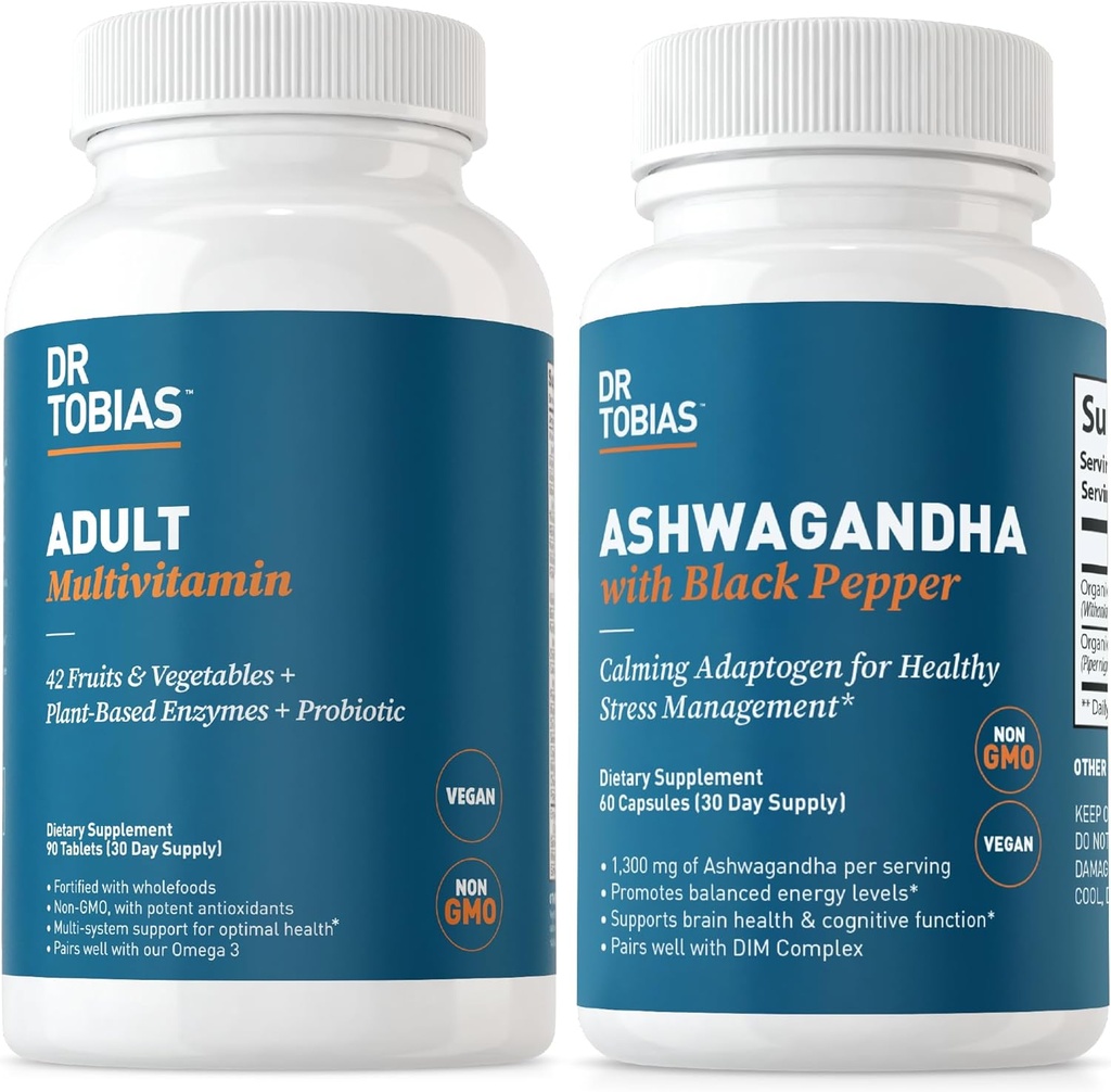Dr. Tobias Adult Multivitamine și capsule Ashwagandha, Suport Global Wellness & Balanced Energy & Resilience, Vegan, Non-GMO