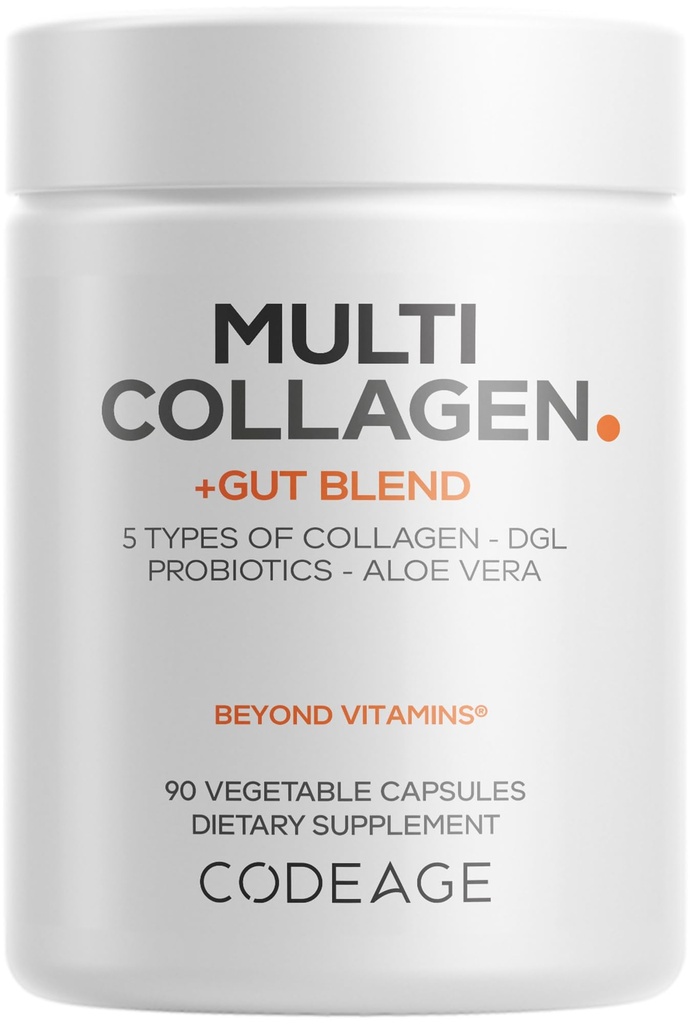 Codeage Multi Colagen + Gut Blend Supliment - Digestive Probiotice, DGL Licorice, Aloe Vera, Organic Peppermint Leaf, Slippery Elm - Hidrolyzed bovine Collagen pastile - Non-GMO - 90 capsule