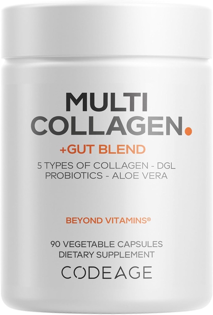 Codeage Multi Colagen + Gut Blend Supliment - Digestive Probiotice, DGL Licorice, Aloe Vera, Organic Peppermint Leaf, Slippery Elm - Hidrolyzed bovine Collagen pastile - Non-GMO - 90 capsule