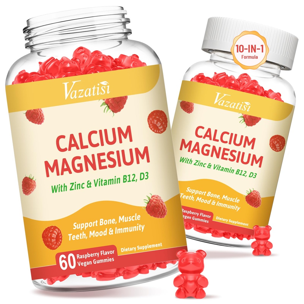 2 pachet de gume de calciu cu magneziu, zinc, vitamina D3 & B12, Suplimente de calciu pentru femei, Oase de sprijin, mușchi și imunitate, 120 Vegan aroma de zmeură Gummie