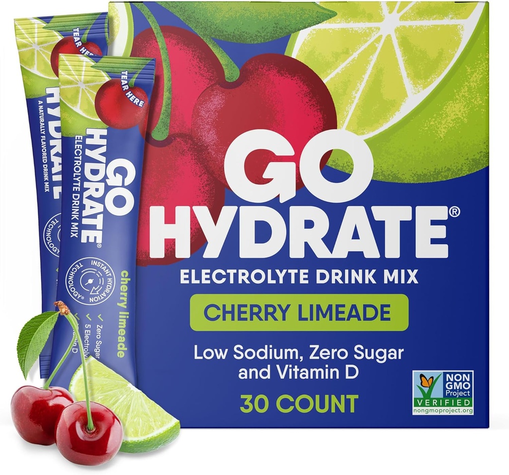 GoHydrate Low Sodium Electrolits Powder Packets Zahăr - Hydration Daily Drink Mix - Zero Sugar Water Flavor Packet Single cu vitamina D - (Cherry Limeade, 30 Packs)