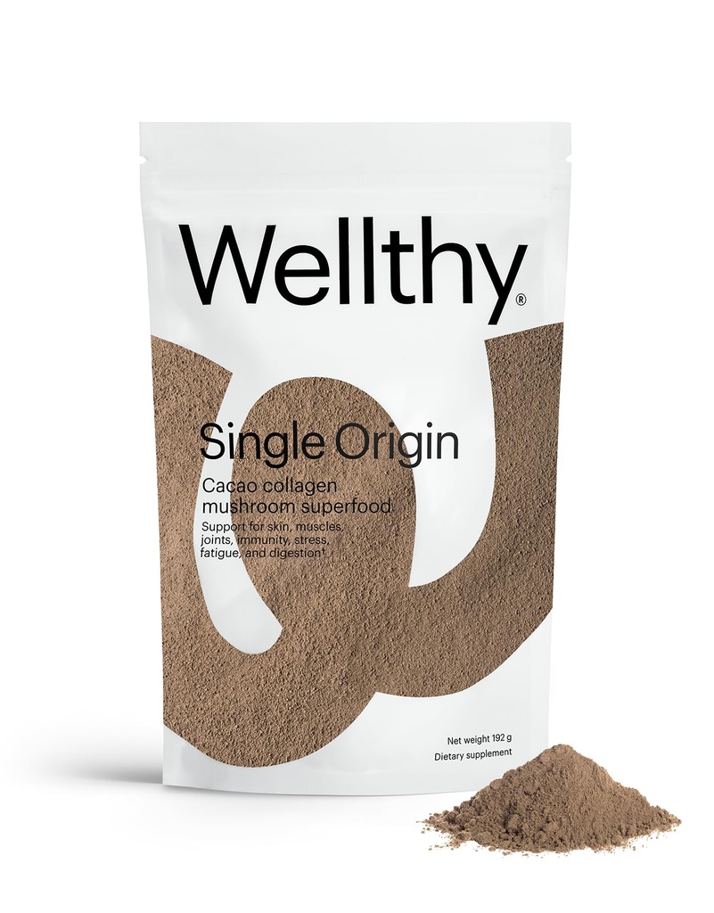 Wellthy Colagen Superfood Powder, Lupte Stres & Oboseala, Cacao, Mushroom Powder - Organic Chaga & Reishi extracte, Certified Organic Matcha, Allergen-Free & Non-GMO