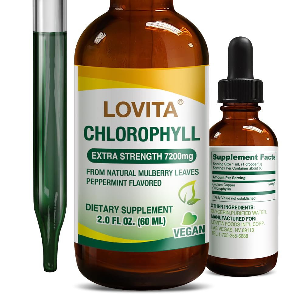 Lovita Clorofill picături lichide, mare potenta 120 mg/ml, 7,200 mg pe sticla, Natural Energy Booster & Immune Support, Deodorant intern, Skin Health, Vegan & non-GMO, menta Aroma, 60 Serviri 2 Oz