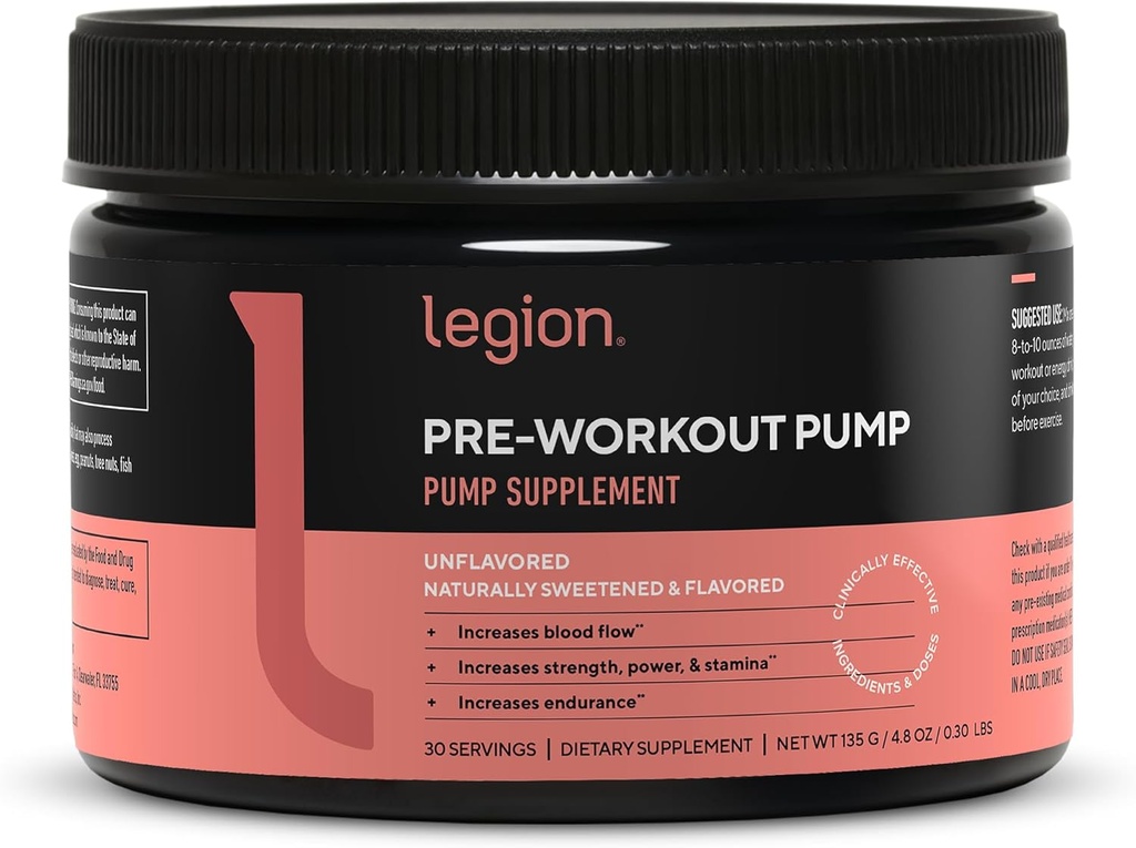 LEGION Pre Workout Pump - Arginina Supliment Boosts Nitricoxid de producție - Nitric oxid Booster ajută la creșterea rezistenței și a rezistenței, promovează creșterea eficienței musculare (neflavorizate, 30 Serviri)