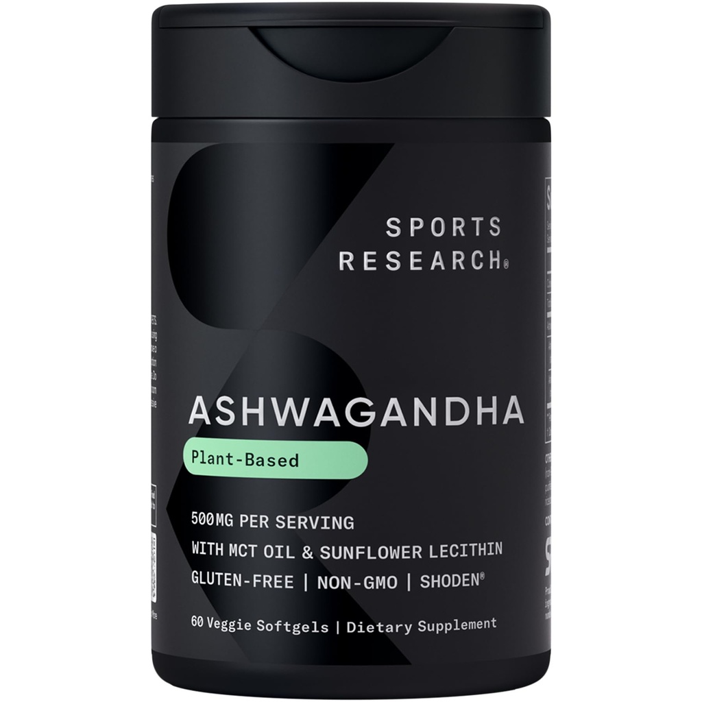 Sports Research® Ashwagandha Softgels cu ulei de cocos MCT - Natural Adaptogen Made with Shoden® Ashwa for Relaxation, Calm & Sleep Support - Gluten Free & Vegan Friendly - 60 Count
