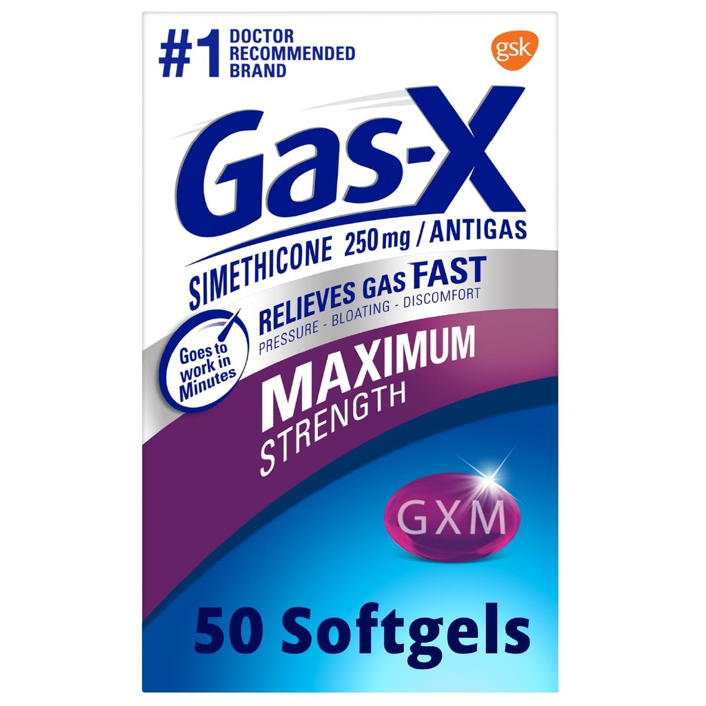 Softgels gaz-X Putere maximă de alimentare cu gaz cu Simethicone 250 mg pentru ajutor de balonare - 50 Conte