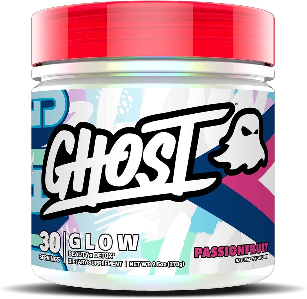 GHOST Glow: Frumusețe și dezintoxicare Formula suport - 30 Serviri, Pasiuni fructe - Skin Boosing Biotin și L-Theanin pentru antioxidanți pentru hidratare, radiații, complexare și nutrire - Vegan, gluten-free