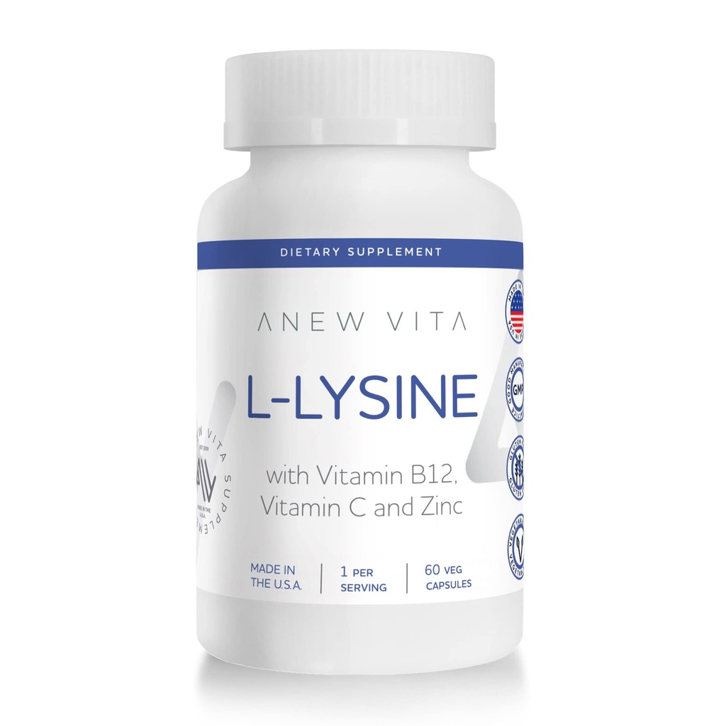 L-Lysine Supliment cu vitamina B12 + C + Zinc pentru buze, gură, și sănătatea țesutului oral - Ameliorare de suport Wellness - non-GMO, Gluten-Free - Made in USA - 60 capsule vegetale, 500mg