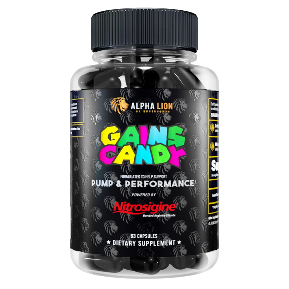 ALPHA LION Gains Candy, pastile suplimentare pentru pompa musculara si fluxul de sange, oxid de azot Booster, Suportă Focus mental, Utilizați zilnic pentru a actualiza performanța de antrenament, 63 capsule (Nitrosigine)