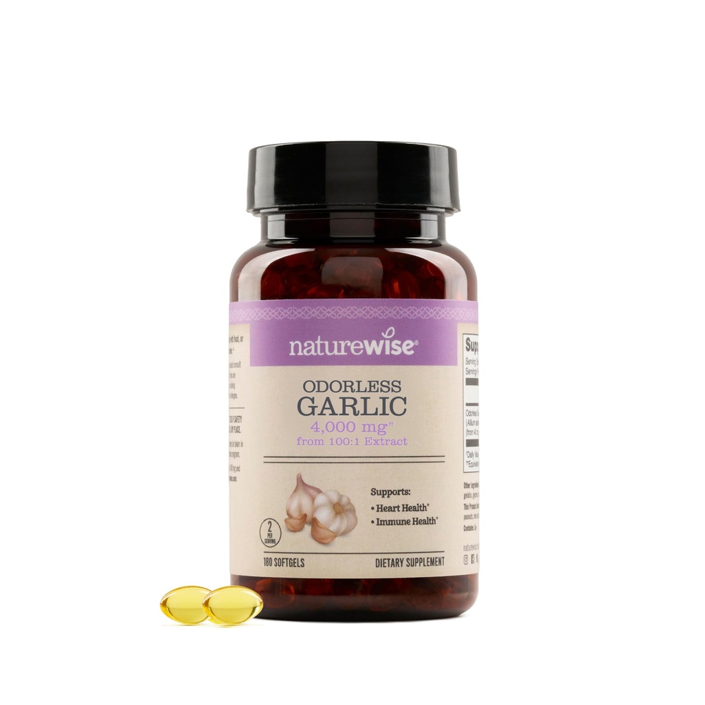 NatureWise Odorless Usturoi Supliment 4000mg - Ultra Potent 100:1 Extract - Cholesterol Formula sanatos, Heart Health Support - Non-GMO, Gluten Free, cu Halal Gelatină - 180 Conte[90-Day Supply]