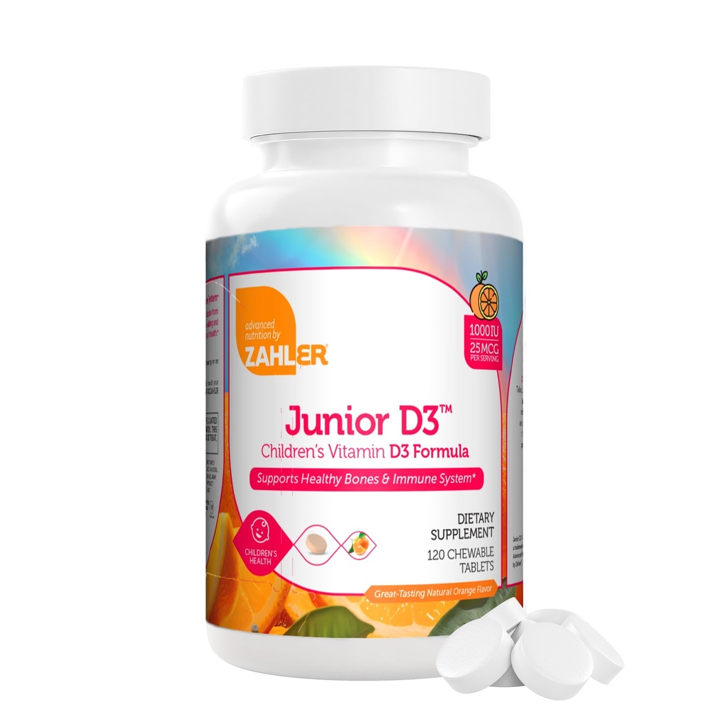 Zahler Junior D3 Vitamine 1000 UI - pentru copii - Vitamina D pentru copii pentru a sprijini Bone, Dinți și Sănătate Imună - Kosher Orange Flavor - 120 Conte.