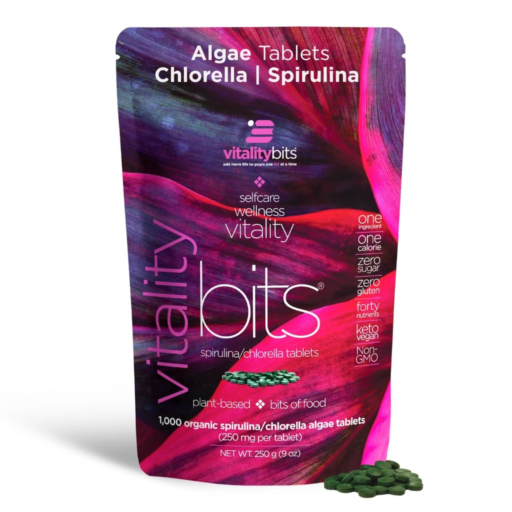 VITALITYbits - Organic Blend Spirulina & Chlorella Tablets - Algae Superfood - Energie, Îngrijire de sine, Frumusețe - Înlocuiți verzi, Suplimente, Proteine, Snacks - Vegan, Keto, Gluten Free - 1000 Tablets Bag