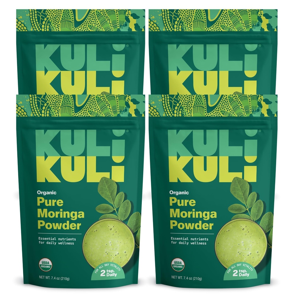 Kuli Kuli Kuli Moringa Oleifera Organic Leaf Powder & Green Smoothie, 100% Pure USDA Certified & Non-GMO Moringa Powder, Great with Smoothies, Tea, and Food, 4 Pack