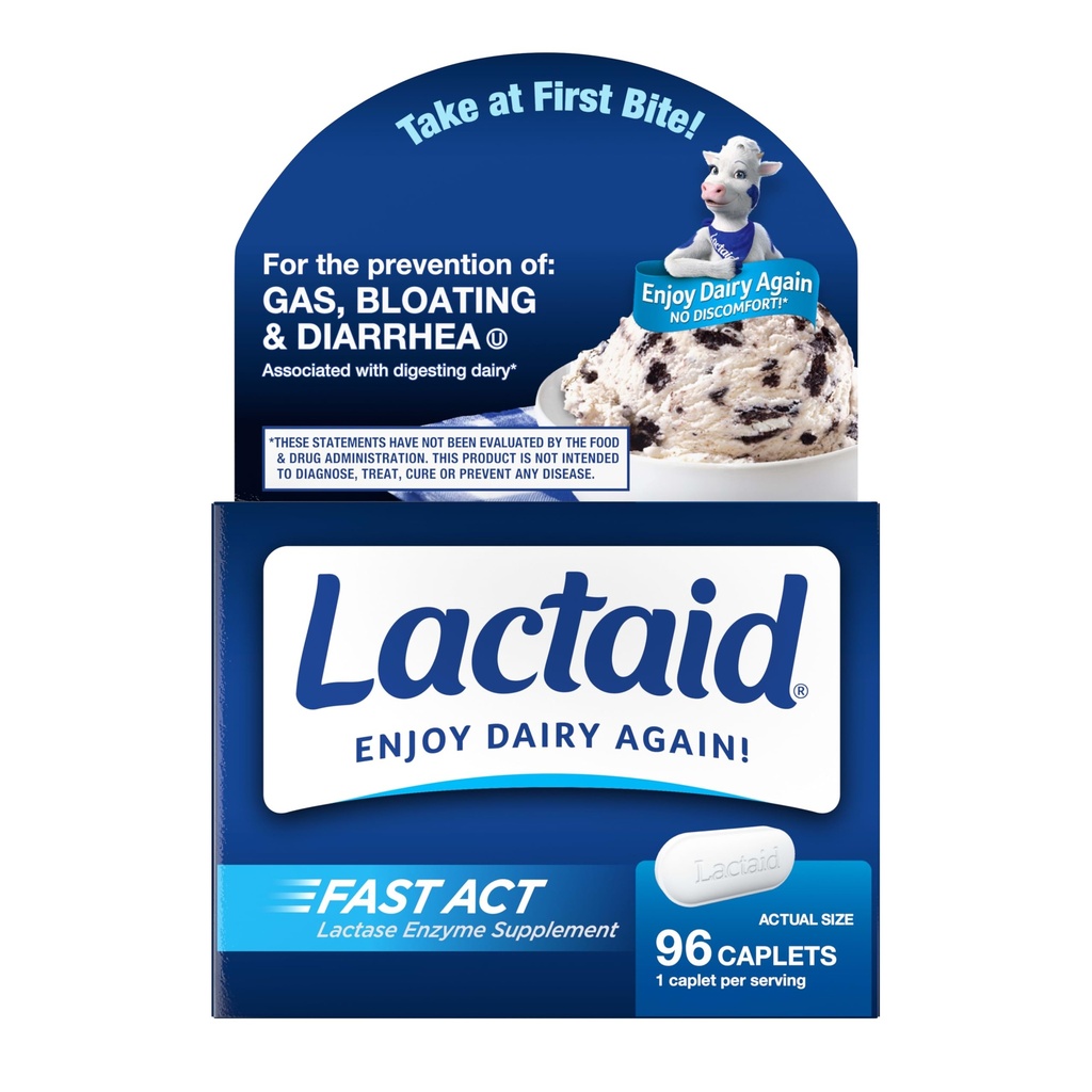Lactaid Fast Act Lactoză Intoleranţă Caplete cu Lactase Enzyme, Dairy Relief from Gas, Blooting & Diaree, 9000 FCC Lactoză Intoleranţă Pastile, 96 Individual Travel On-The-Go Packs (96 x 1 ct)