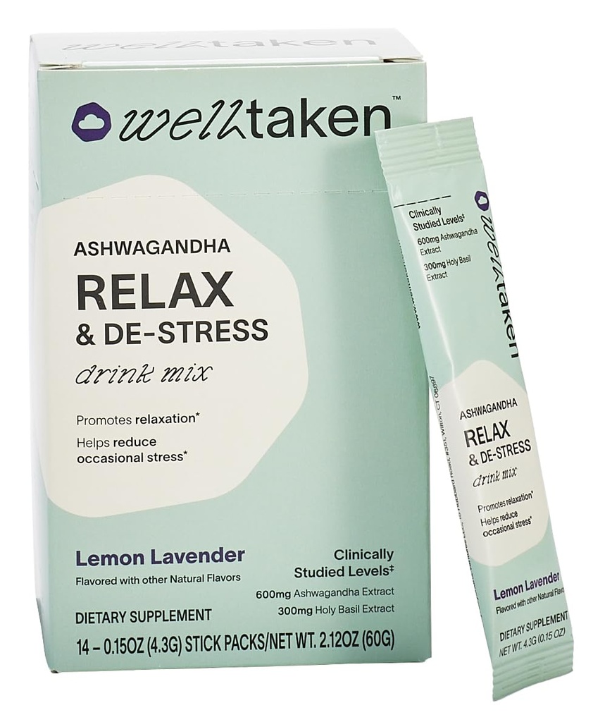 Ashwagandha Relaxați-vă & De-stress pulbere - Lemon Lavender 14ct Box - 600mg Ashwagandha, 200mg L-Theanine, Sfântul Basic 