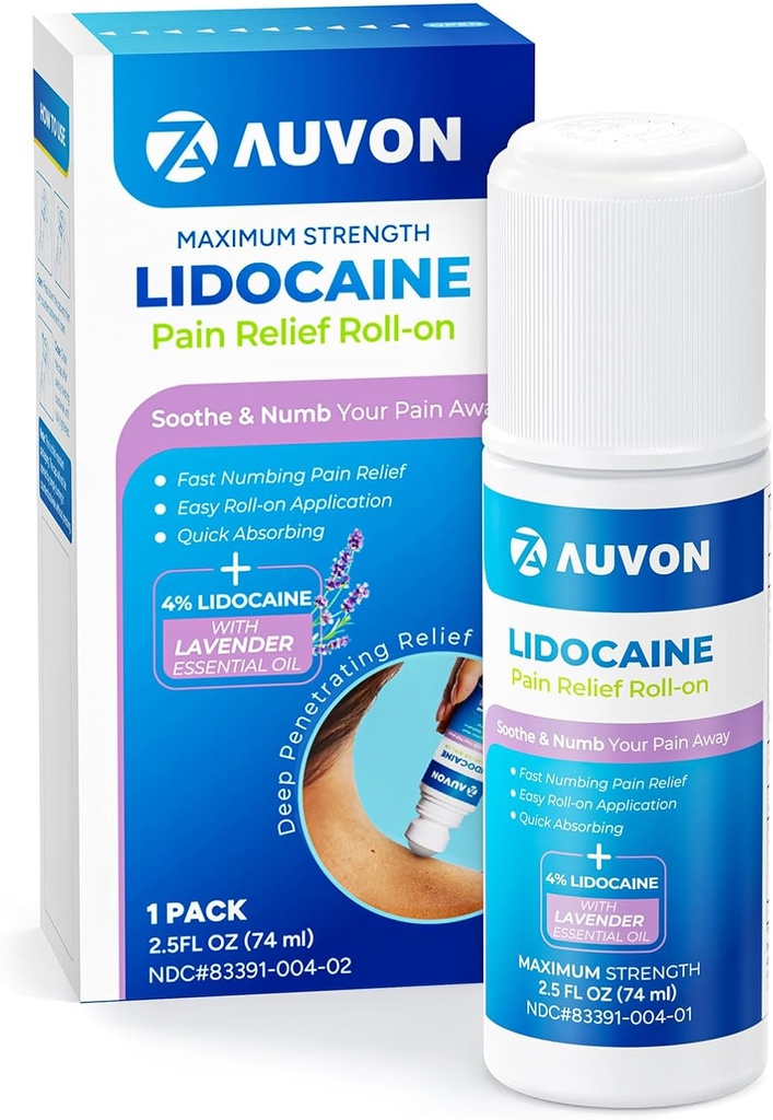 Auvon Lidocaină Roll-On cu ulei esential, Nu Mess Aplicator, Max Putere Lidocaină, Quick Absorbing la Numb & Soothe Durere Relief pentru genunchi, Umeri, FSA/HSA eligibile, Lavender, 2.5 OZ, 1 ambalaj
