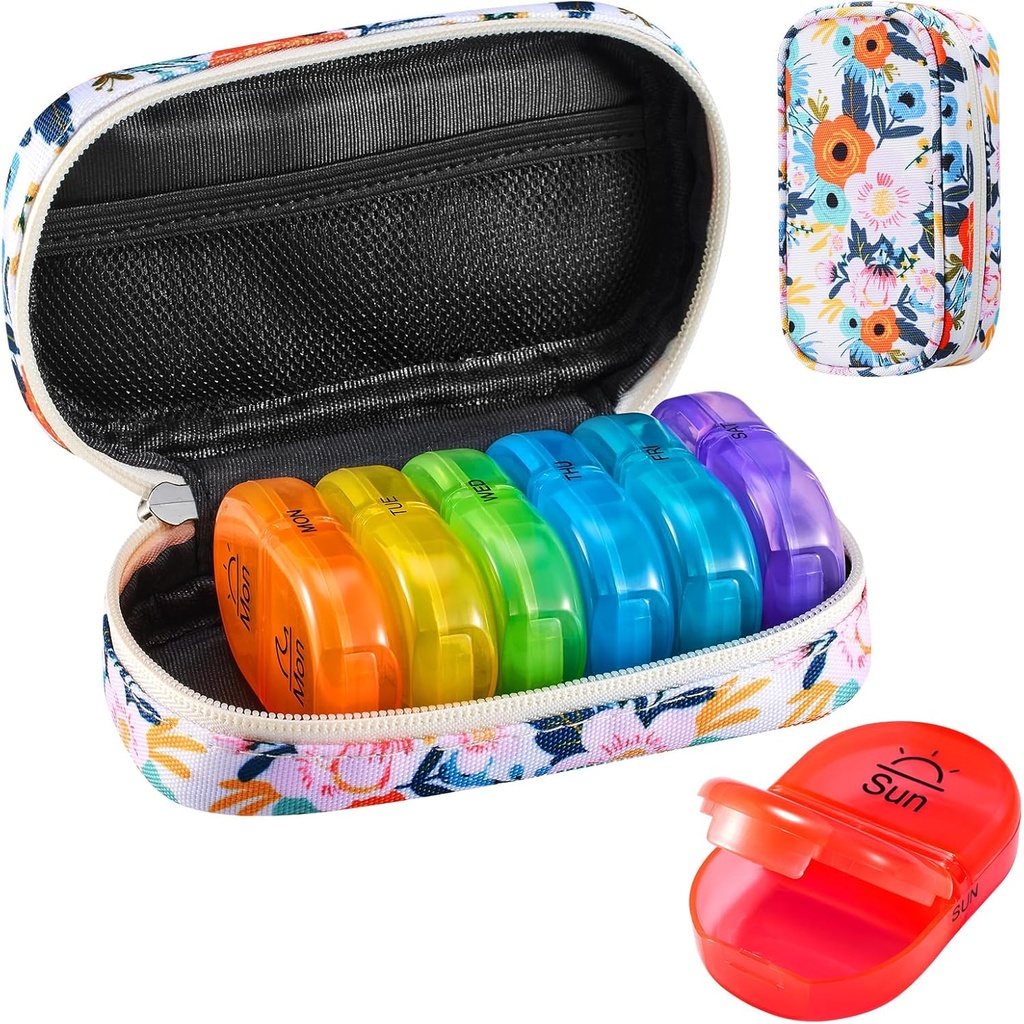 Serfeymi Weekly Travel Pill Organizator 2 Times A Day AM PM Upgraded Rainbow Pilula Box 7 Ziua cu Portable Zipper Canvas Pill Case, Medicina Organizator pentru pastile, vitamine, uleiuri de pește - Bloom 01