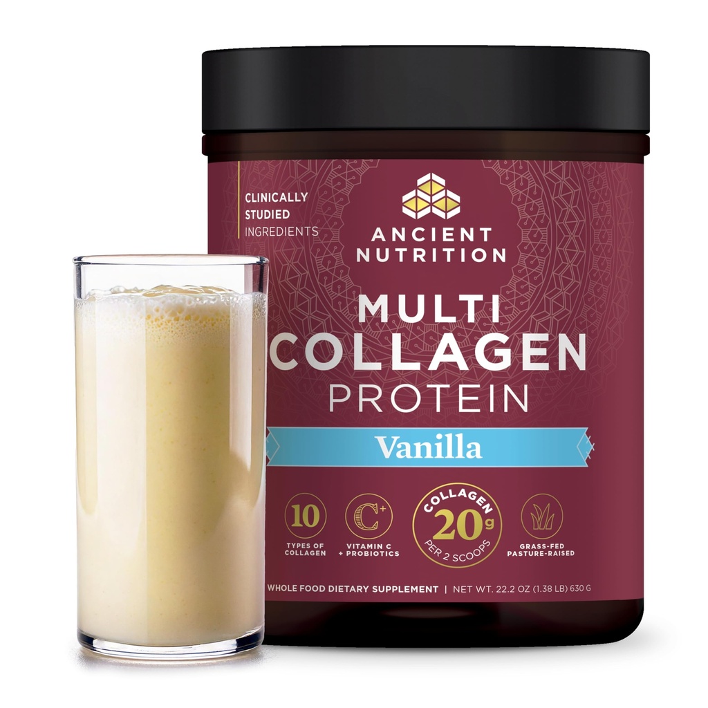 Nutriție antică Colagen Peptides pulbere, Multi Colagen Proteina, Femei & Bărbați, Vitamina C, Probiotice, Hidrolized Colagen, Sprijină Piele, Articulații, Sanatate Gut, Vanilie, 60 Serviri