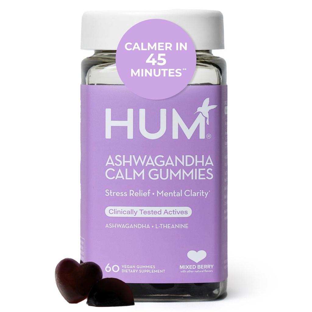 HUM Calm Ashwagandha Gummies pentru femei si barbati, L-Theanin Ashwagandha Suplimente pentru Relaxare Dailya & Clarity Support, Vegan Fast Acting Gummy Formula, Mixed Berry Flavor, 60 Gummies