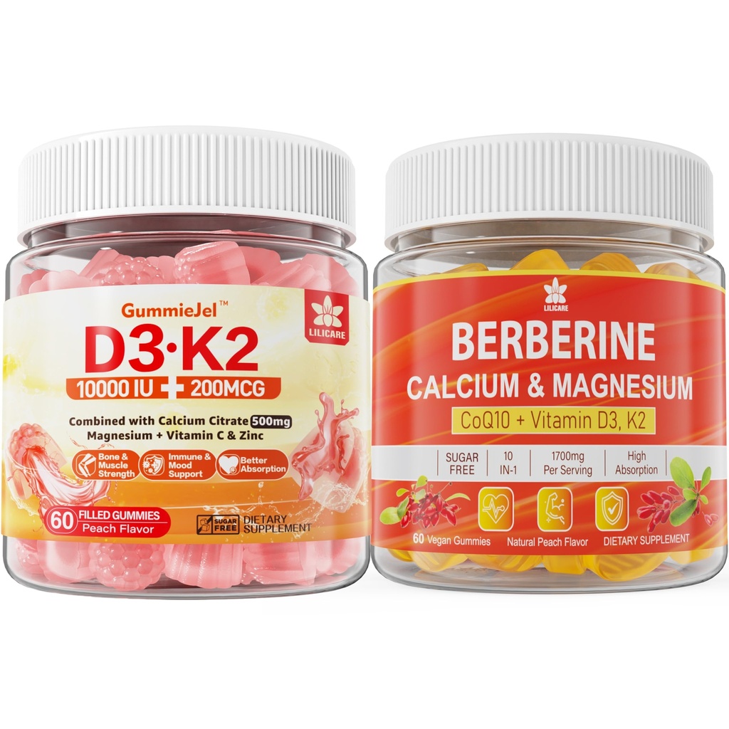 Vitamina D3 K2 fără zahăr Gumies cu calciu, Citrat de magneziu, Vitamina C + Berberine Supliment Gummies, cu Berberină lipozomală & Berberină HCI, Calciu, Magneziu