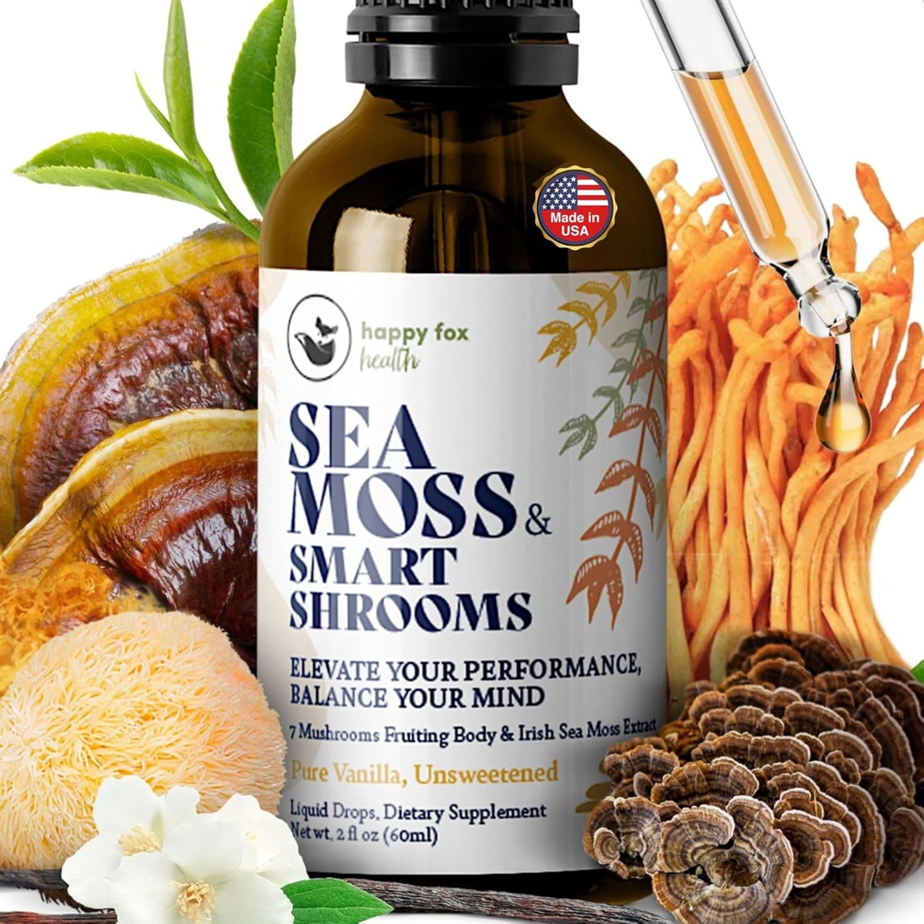 HAPPY FOX Irish Sea Moss Liquid Drops & Mushroom Tincture - Seamoss cu 7 extracte de ciuperci adaptogene pentru suport cognitiv și sănătate gutoasă, cafea ciuperci Elixir, aromă de vanilie pură