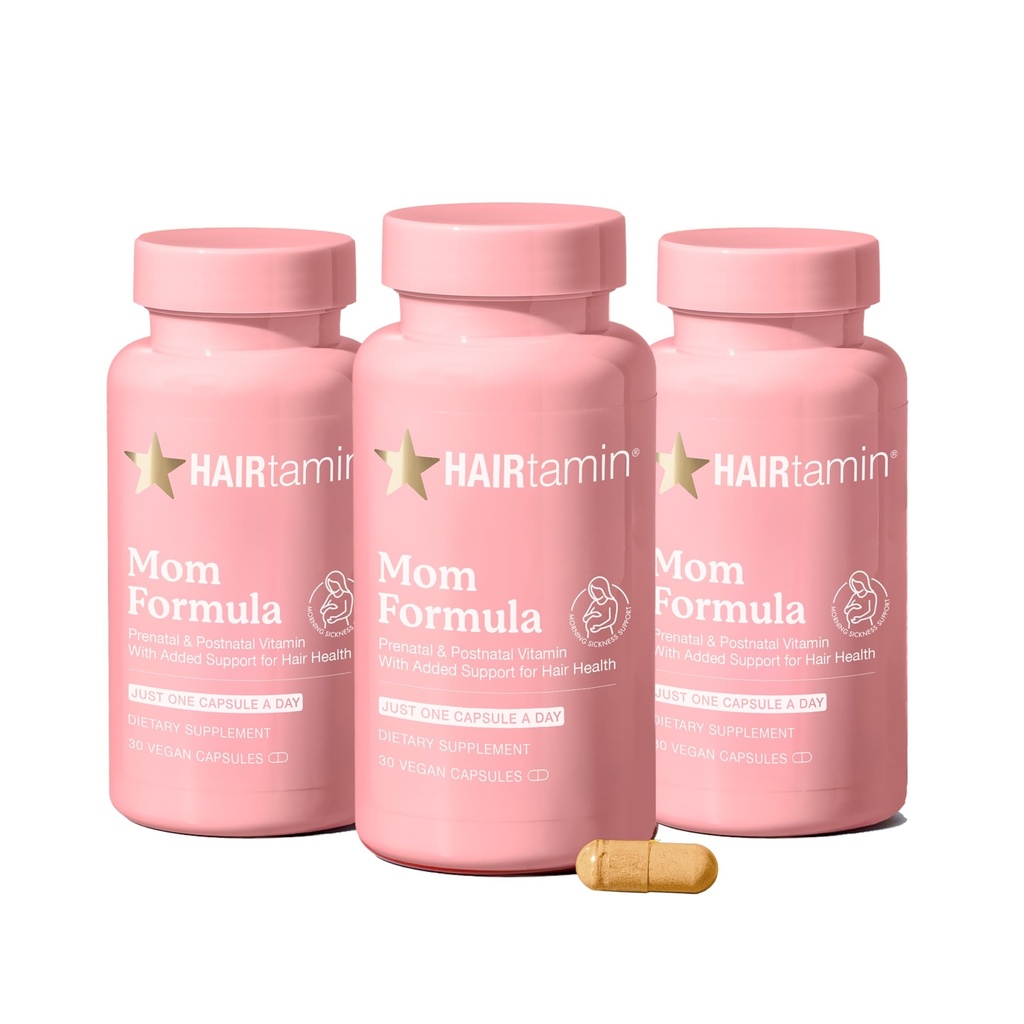 HAIRTamin MOM Vegan Prenatal & Postnatal Multivitamine Capsule & Vitamine de păr, Postpartum, Alaptarea, Nails, și vitaminele pielii pentru femei cu Biotin, Zinc, Fier (3-Pack)