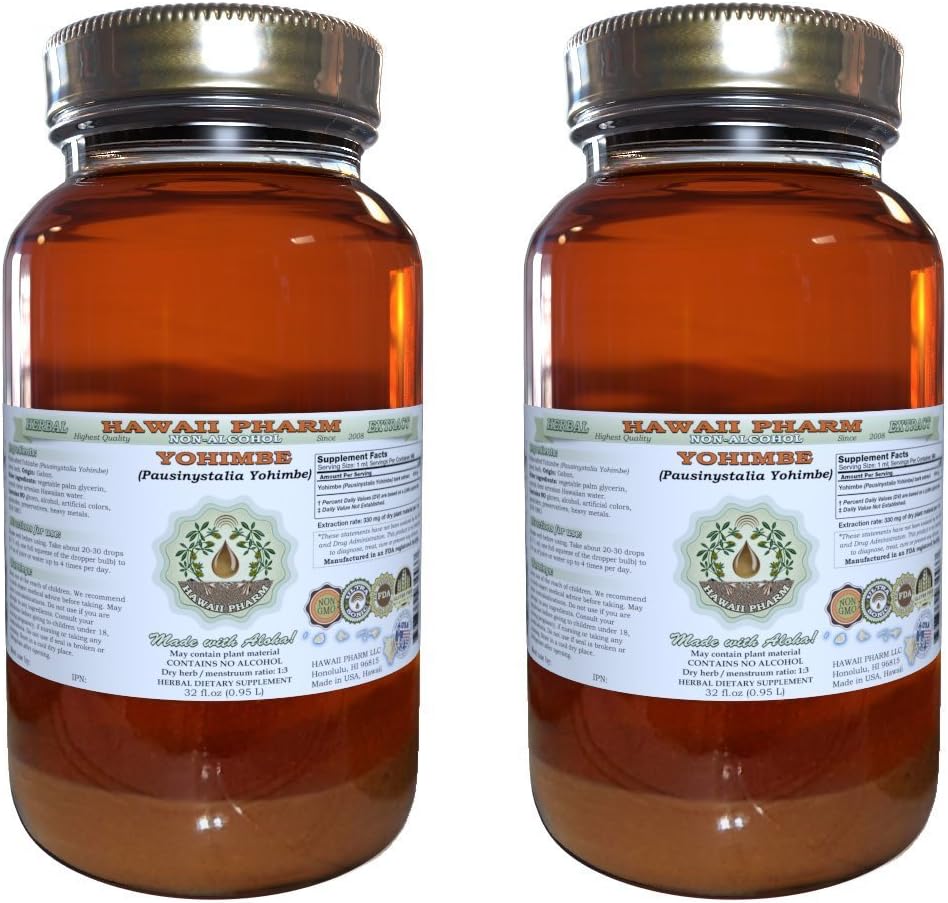 Yohimbe Extract lichid fără alcool, Yohimbe lichid (Pausinystalia Yohimbe) Uscată Bark Glycerite Supliment natural de plante, Hawaii Pharm, SUA 2x32 fl.oz