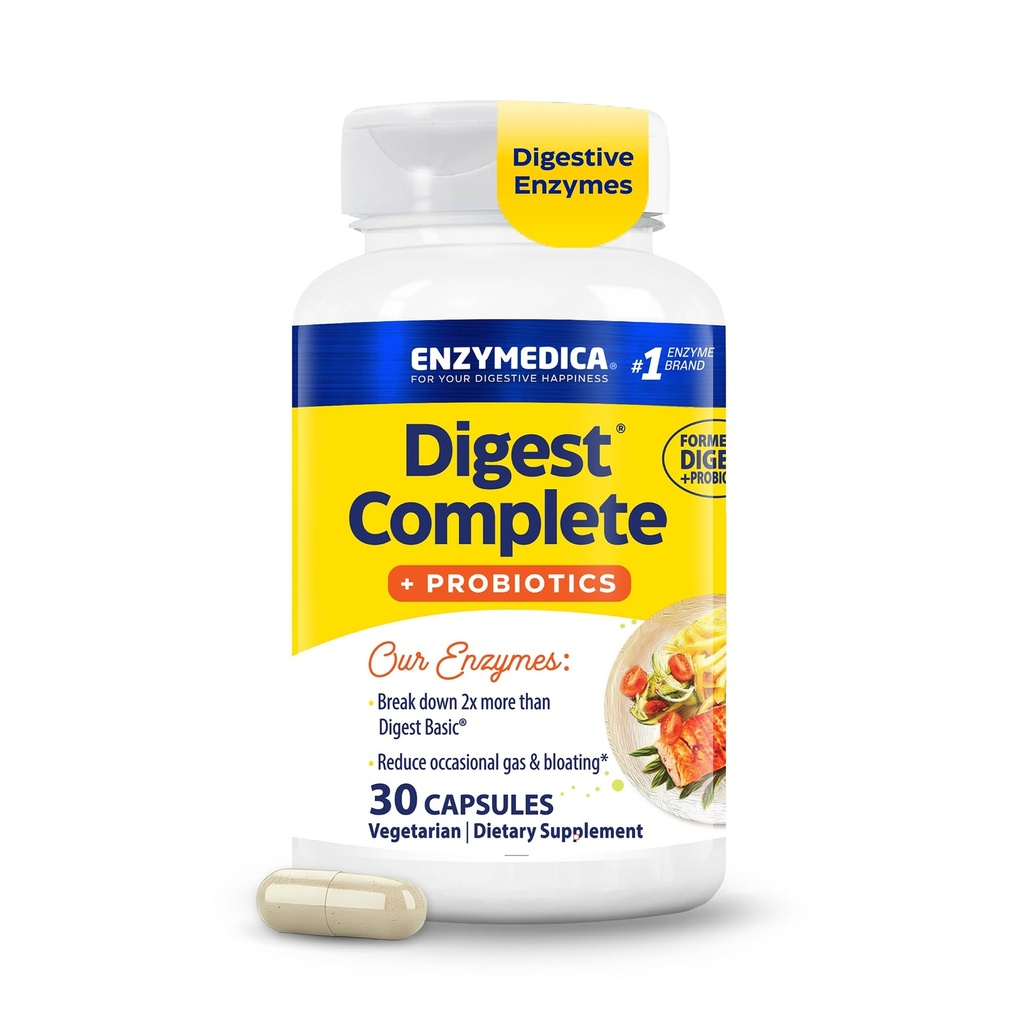 Enzymedica, Digest Complete + Probiotice, Enzime Digestive Gentle cu 400 Milioane de culturi active CFU per capsulă, 30 capsule
