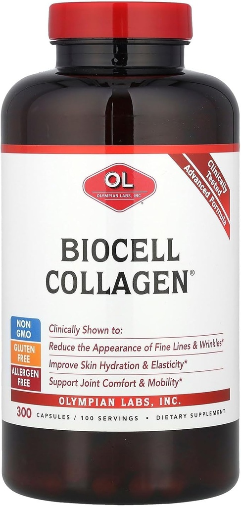 Olympian Labs Biocell Collagen II 1500 mg Supliment capsule non-GMO, Gluten-Free, Allergan-Free - Suportă Skin & Joint Health and Cartilage Producing Cells - Bulk 300 Capsule (100 zi de aprovizionare)