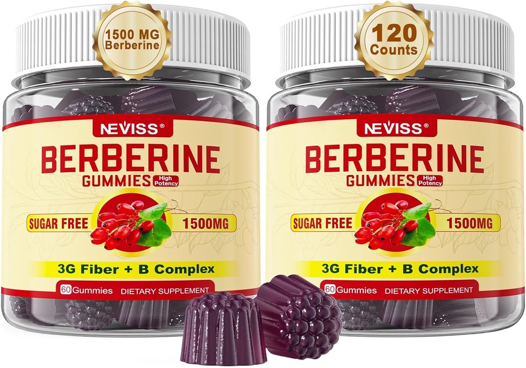 NEVASS Berberine Supliment 1500mg, AMPK Activator cu 3G Fibră prebiotică, B1 B3 B6, Berberine HCL fără zahăr Gume pentru femei și bărbați - Suporturi Sistem imunitar, Digestiv, 2pack 120 Cts