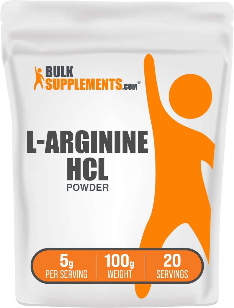 BulkSupplements.com L-Arginine HCl Powder - Nitricoxid suplimentar, Arginina pulbere - fără aromă și gluten gratuit, 5g per Serving, 100g (3.5 oz) (Pachet de 1)